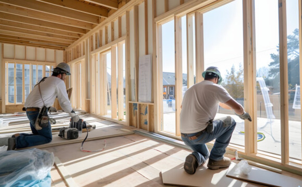 Door installation specialists measuring and fitting a new exterior door frame inside a residential construction project for secure and precise installation.