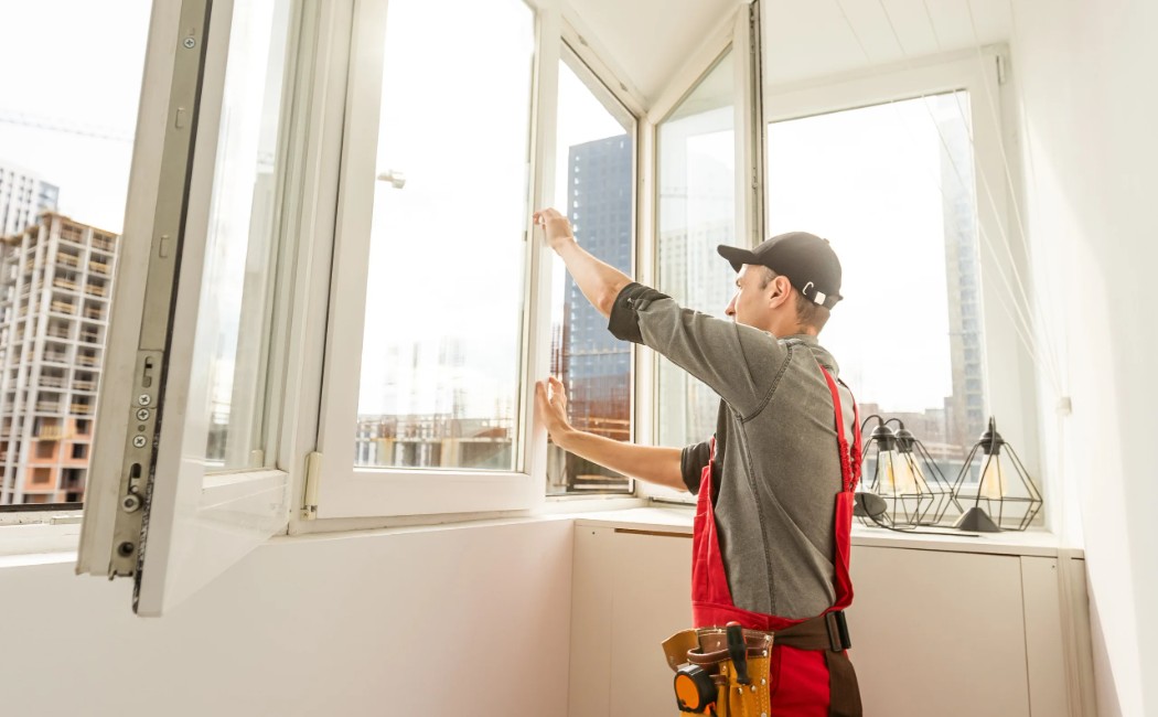 Window installation expert adjusting and inspecting a newly installed casement window in a bright residential interior for proper fit and operation.