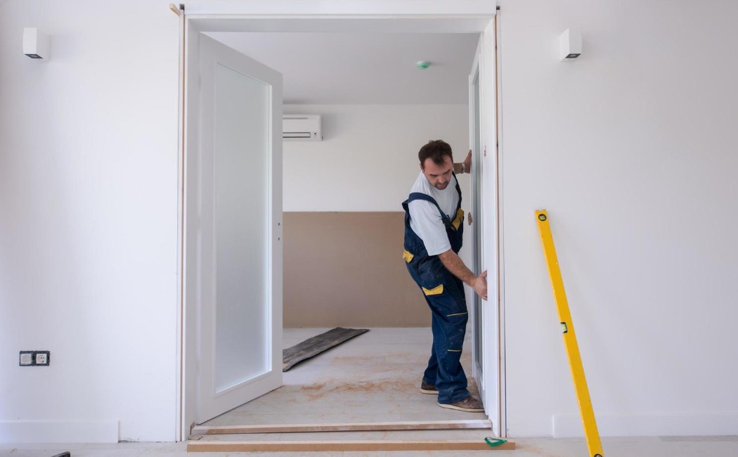 A door installation specialist aligning and fitting a new interior door frame during a residential home renovation project.