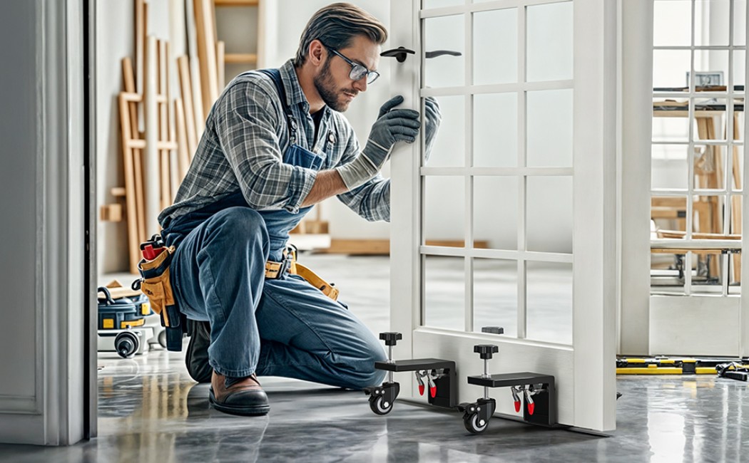 Professional contractor performing residential door installation by carefully fitting a white French door inside a modern home renovation project.