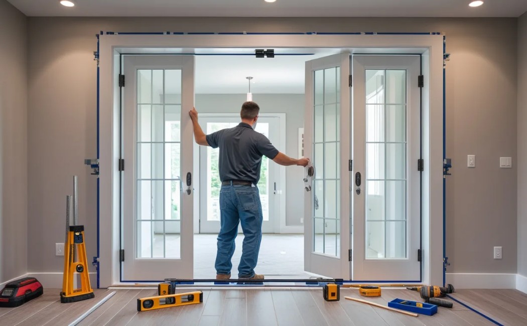 Reliable residential door installation with a contractor aligning and installing elegant white French doors in a modern home interior.