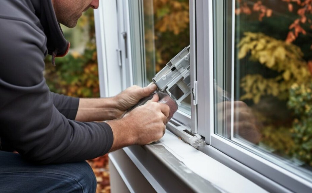 Window installation specialist applying sealant while installing a modern energy-efficient replacement window in a residential home.