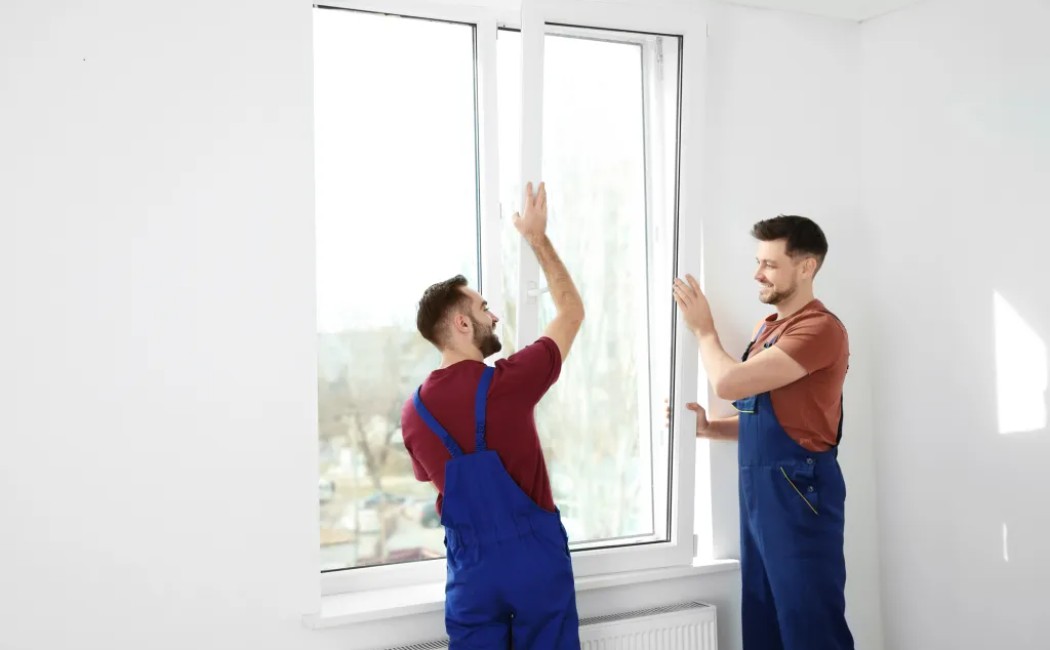 Professional window installation team installing a large energy-efficient replacement window inside a modern residential home.