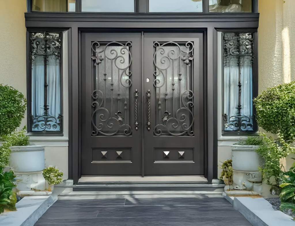 Elegant Pre-Hung Door with Decorative Glass and Classic Entryway Design.