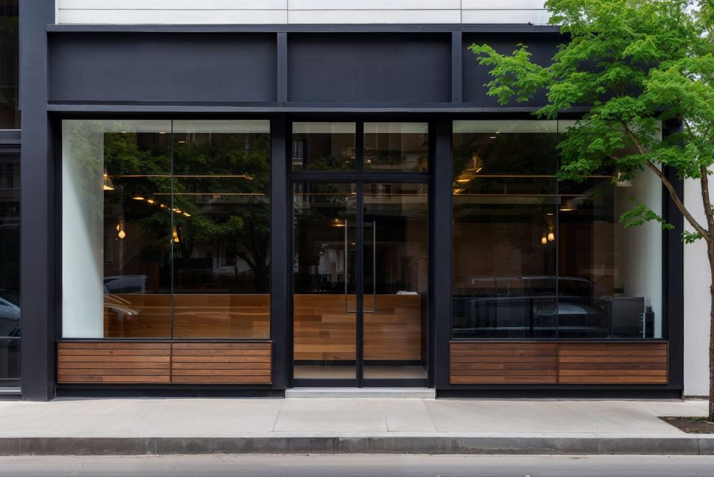 Commercial Door Installation with Sleek Black Glass Entry Doors Commercial Door Installation featuring sleek black-framed glass entry doors, modern storefront windows, and warm wood accents for a stylish business exterior.