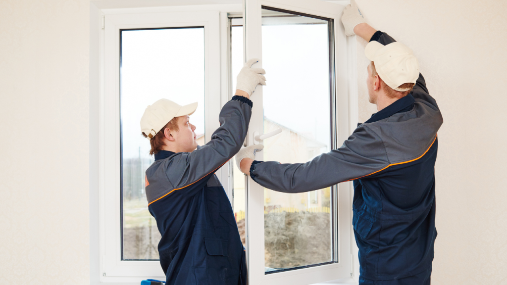 Two professional installers expertly fitting a modern window frame, showcasing reliable Window Installation Services for a secure, energy-efficient home.